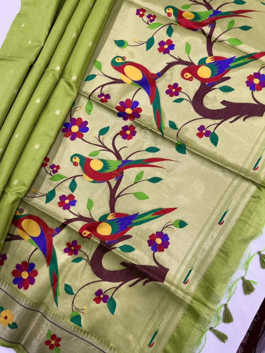 Phoolmala Paithani – Soft Khadi Raw Silk Saree with colorful rich Meena weaving Paithani pallu, traditional floral border, all-over small butties + full Zari wo