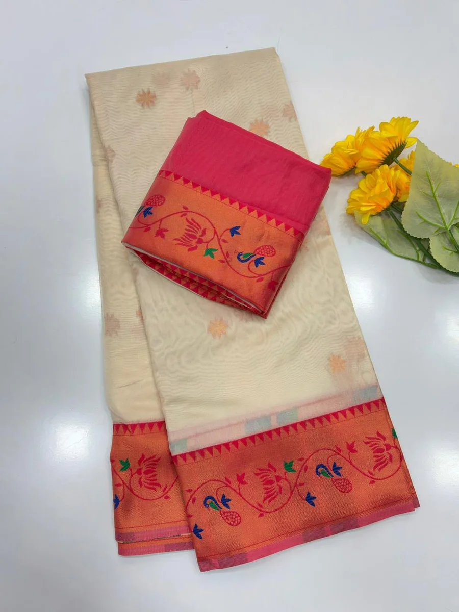 Paithani 652 – Premium Soft Tissue Silk Paithani Saree with rich Zari woven Paithani pallu, contrast Zari & Meena classic lotus woven border, all-over tiny butt