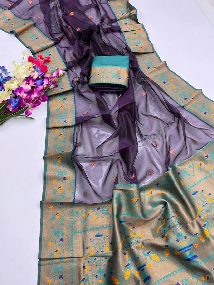 Paithani 652 – Premium Soft Tissue Silk Paithani Saree with rich Zari woven Paithani pallu, contrast Zari & Meena classic lotus woven border, all-over tiny butt