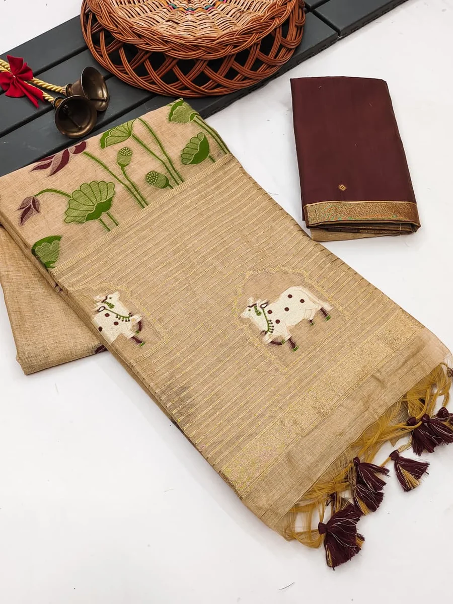 Premium soft Muga cotton saree with classic rich Zari & Cow Weaving Pichwai pallu, tiny Zari border, all-over lotus weaving, fancy tassels + contrast blouse pie
