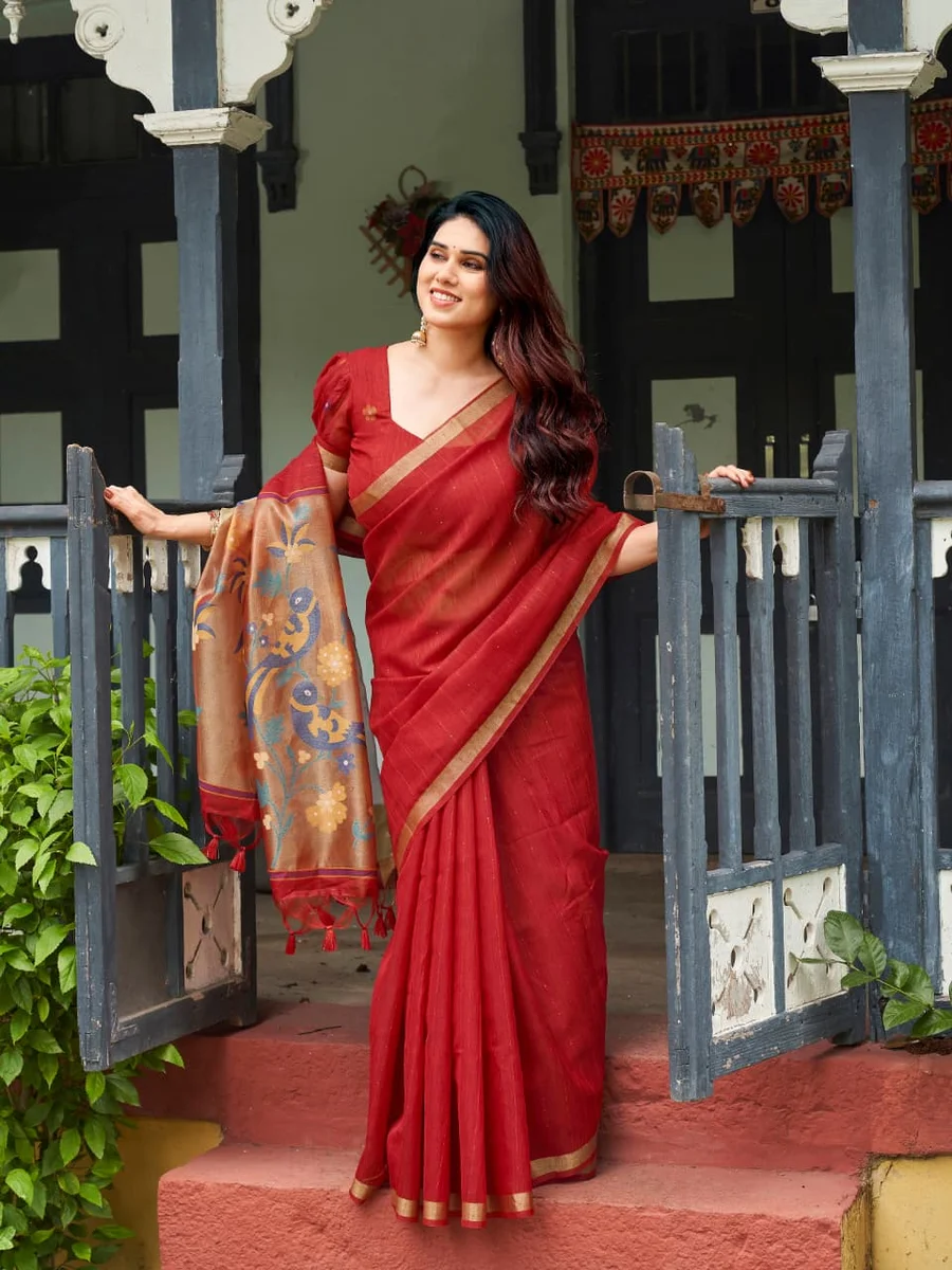 Linen Silk 708 – Premium Soft Pure Linen Silk Saree with rich Zari & Meena weaving tissue pallu, tiny Zari border, all-over sequence Zari lining + running blous