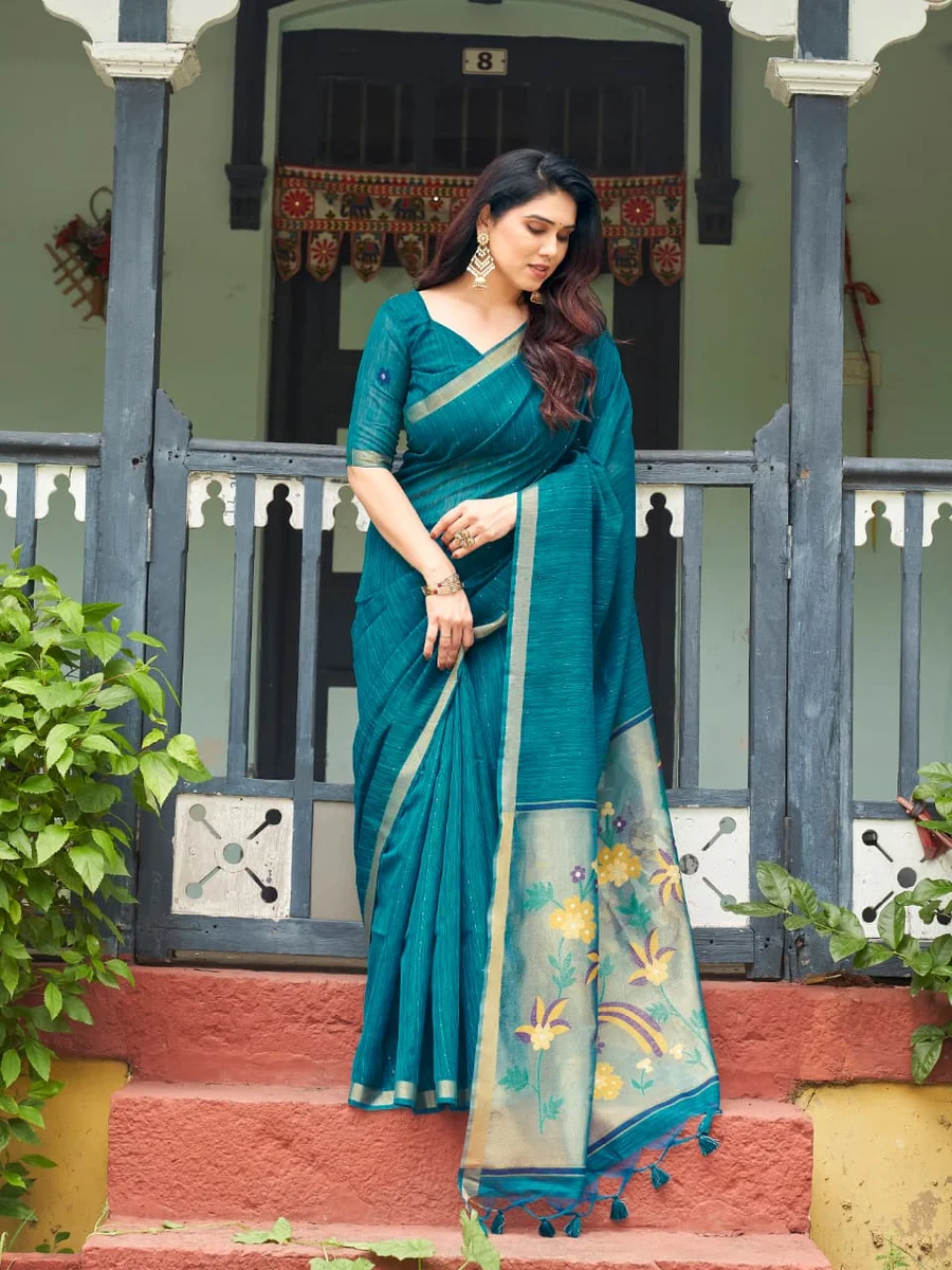 Linen Silk 708 – Premium Soft Pure Linen Silk Saree with rich Zari & Meena weaving tissue pallu, tiny Zari border, all-over sequence Zari lining + running blous