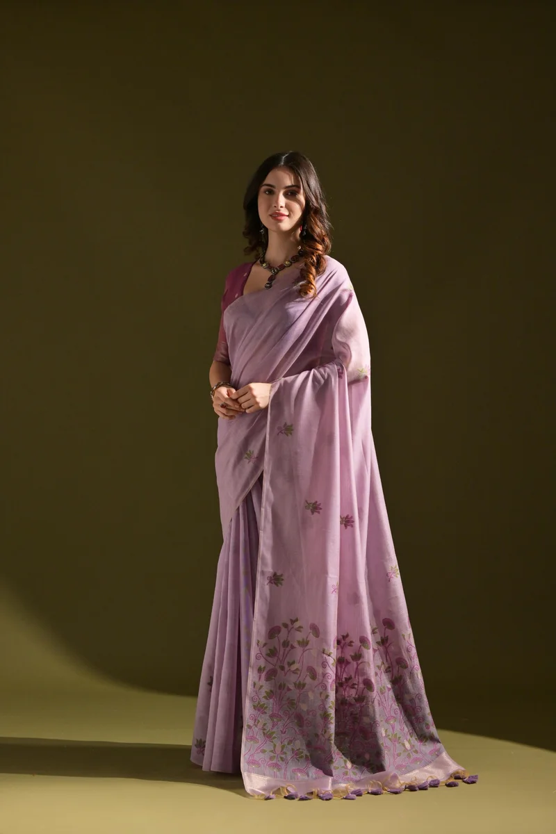 MUGA COTTON 217 – Premium soft Muga cotton saree with all-over floral weaving pattern (Pichwai-style), classic colourful Resham weaving pallu, fancy tassels + c