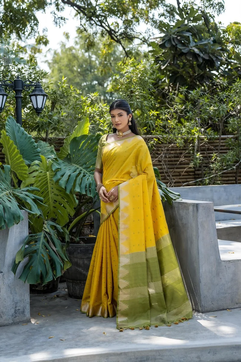 WhatsApp 📞 +917698385113 www.Laavsee.com __ LV202CN151026-1 ✨ Elisha Pyramid – Semi Tussar Silk Saree with all-over Bandhani Butti weaves, traditional temple b