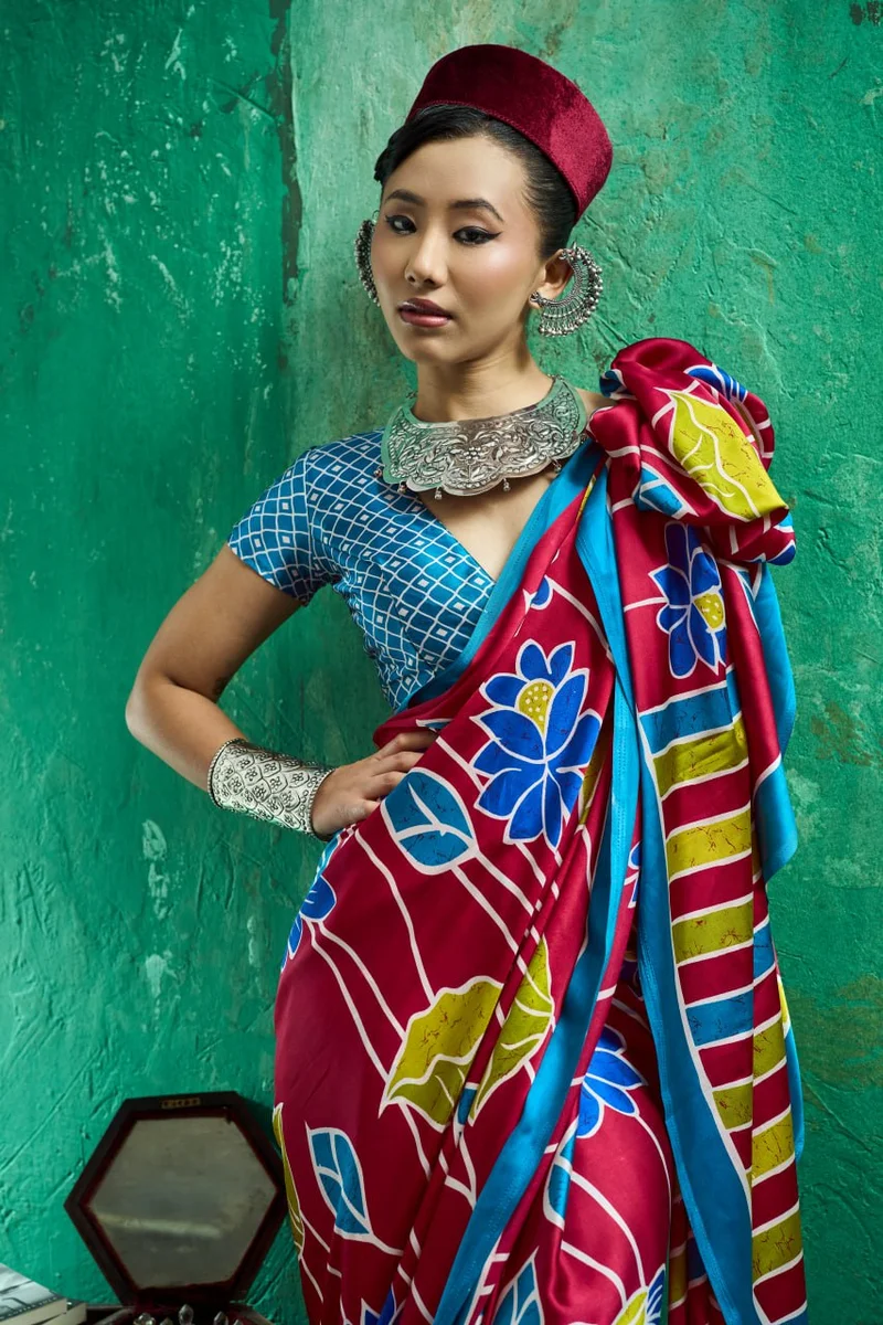 Modal Satin Ajrakh Print Saree + matching Moda blouse by www.Laavsee.com