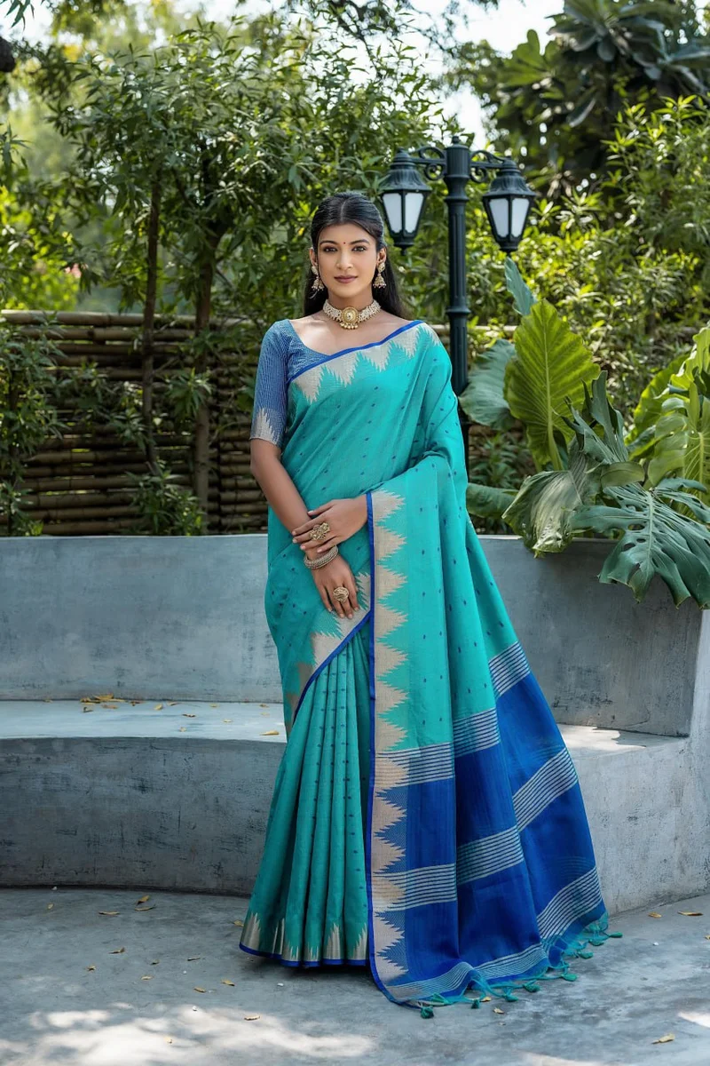 WhatsApp 📞 +917698385113 www.Laavsee.com __ LV202CN151026-1 ✨ Elisha Pyramid – Semi Tussar Silk Saree with all-over Bandhani Butti weaves, traditional temple b