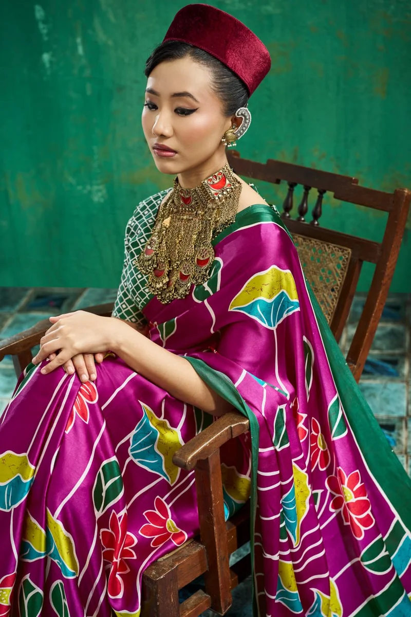 Modal Satin Ajrakh Print Saree + matching Moda blouse by www.Laavsee.com