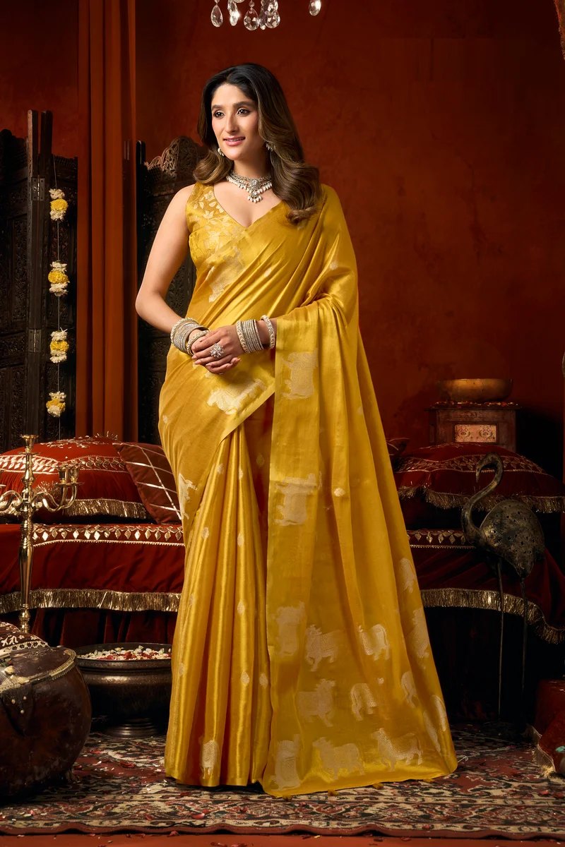 Supriya (Series 3601–3606) – Heavy Tissue Silk Saree with all-over Cow Butta & fancy tassels + matching blouse piece