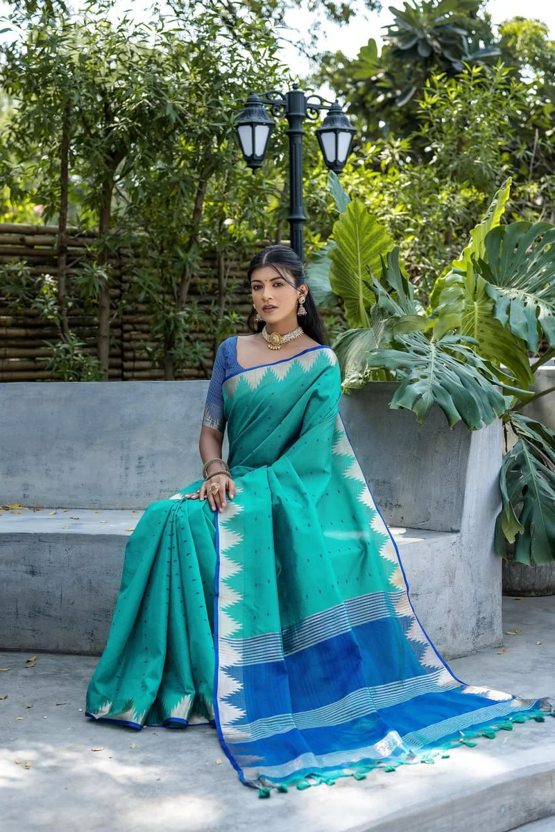 WhatsApp 📞 +917698385113 www.Laavsee.com __ LV202CN151026-1 ✨ Elisha Pyramid – Semi Tussar Silk Saree with all-over Bandhani Butti weaves, traditional temple b