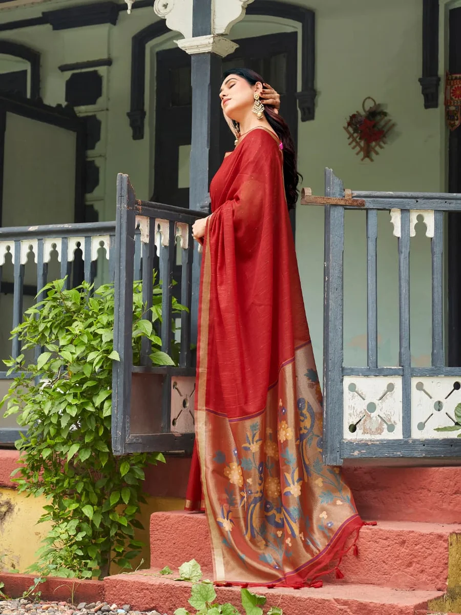 Linen Silk 708 – Premium Soft Pure Linen Silk Saree with rich Zari & Meena weaving tissue pallu, tiny Zari border, all-over sequence Zari lining + running blous