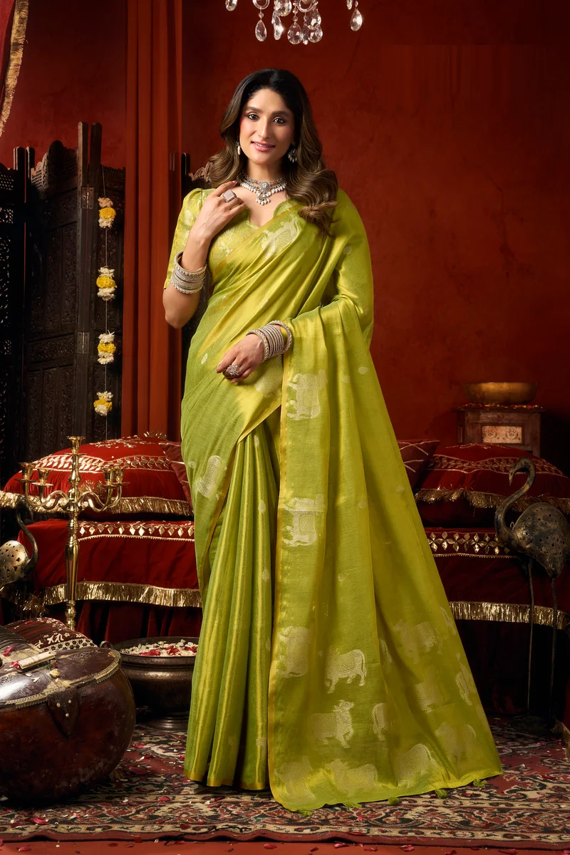 Supriya (Series 3601–3606) – Heavy Tissue Silk Saree with all-over Cow Butta & fancy tassels + matching blouse piece
