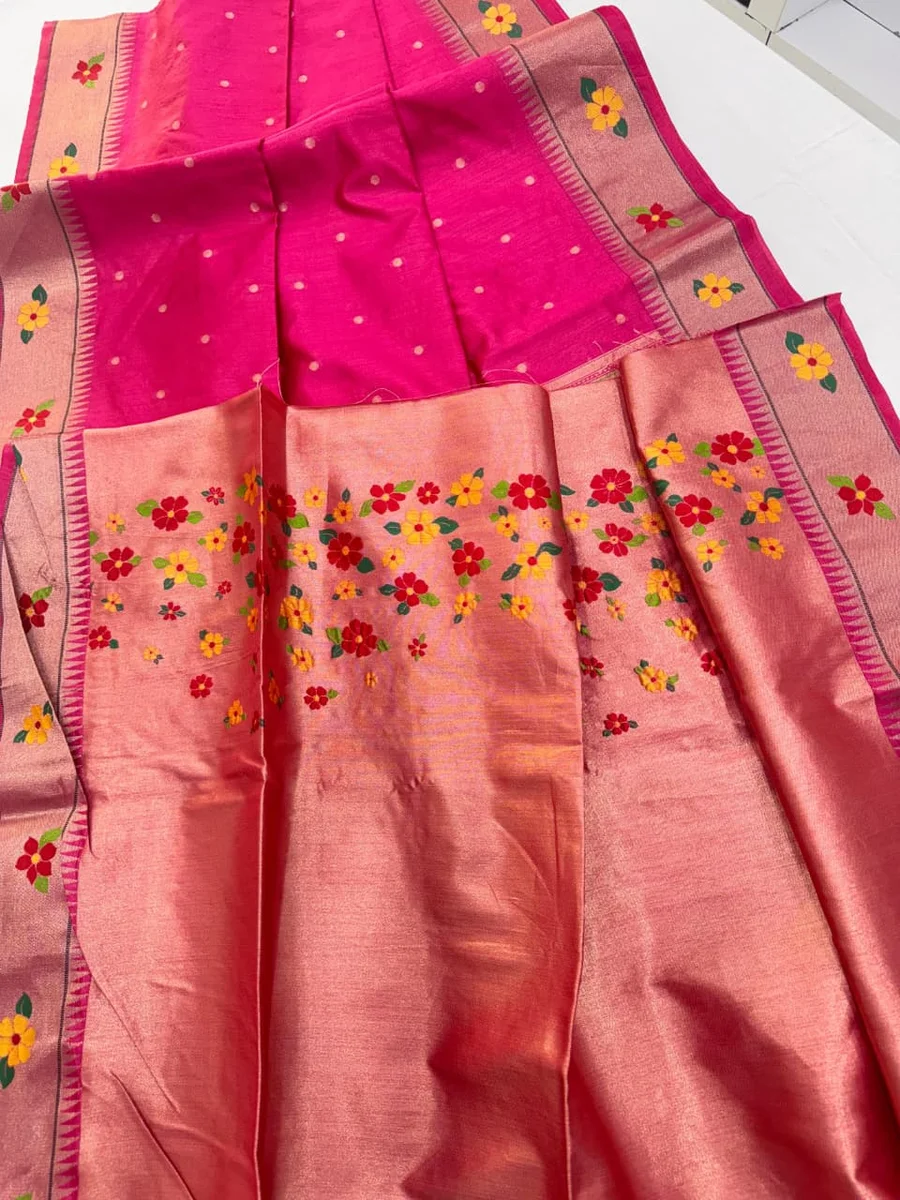 Phoolmala Paithani – Soft Khadi Raw Silk Saree with colorful rich Meena weaving Paithani pallu, traditional floral border, all-over small butties + full Zari wo
