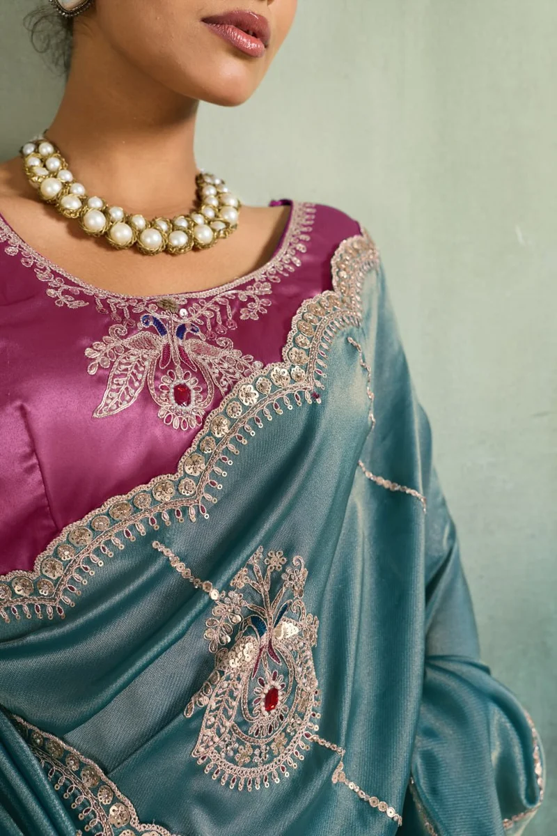 Giraffe Saree with rich texture, fluid drape, intricate Butta embroidery, handwork & stonework + Royal Makhmal Satin blouse in contrasting shades | Occasion: Pa