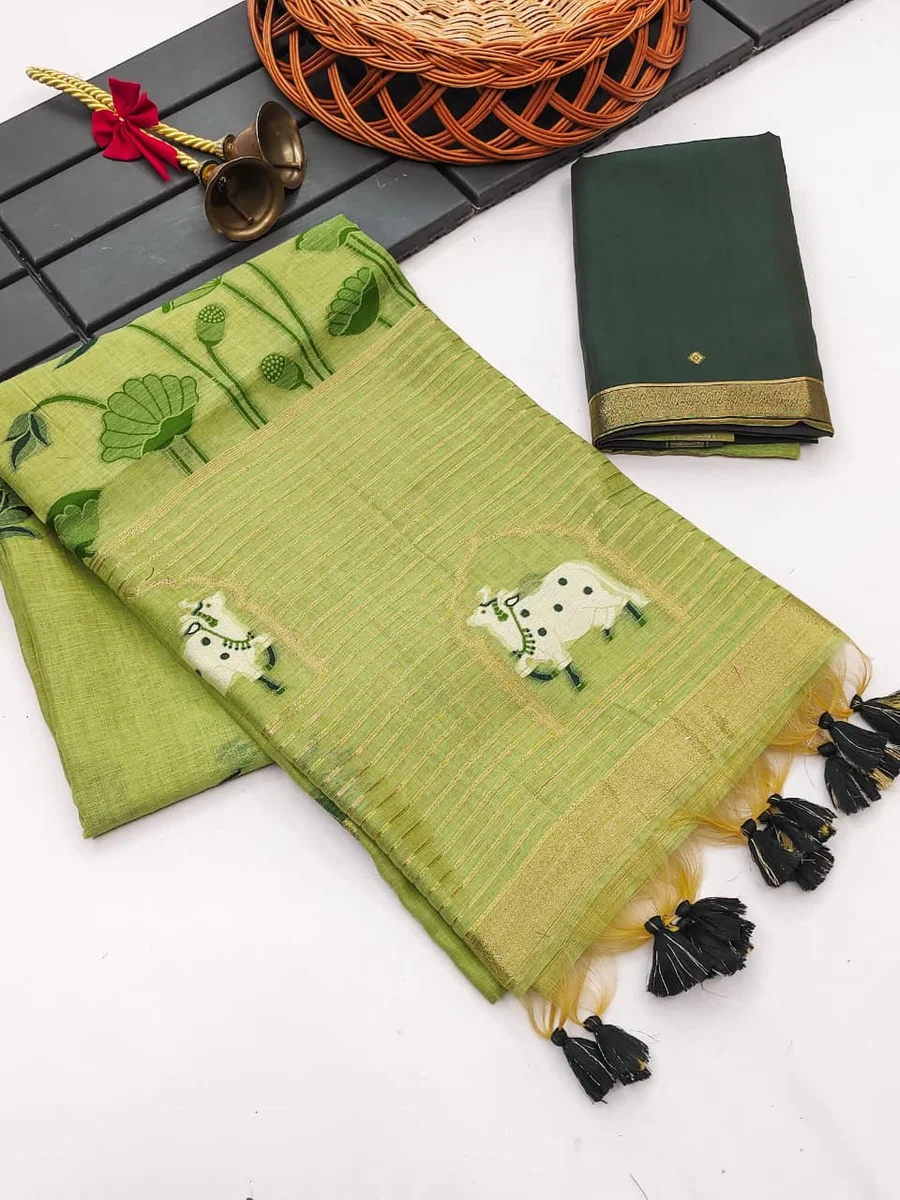 Premium soft Muga cotton saree with classic rich Zari & Cow Weaving Pichwai pallu, tiny Zari border, all-over lotus weaving, fancy tassels + contrast blouse pie