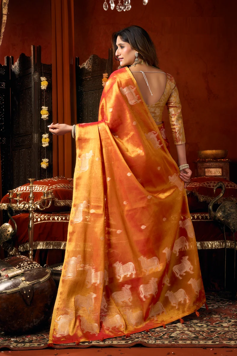 Supriya (Series 3601–3606) – Heavy Tissue Silk Saree with all-over Cow Butta & fancy tassels + matching blouse piece