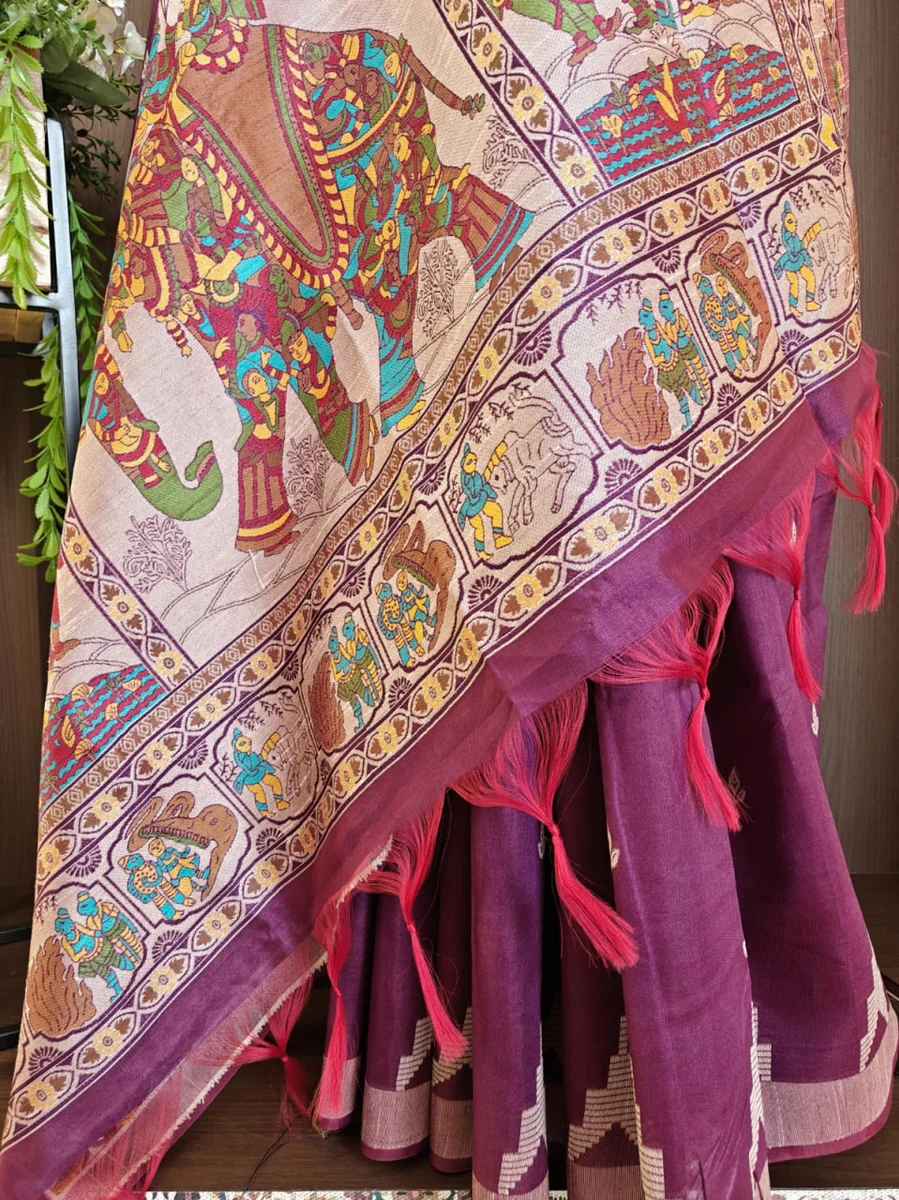 LV202CN151026-6 — HANDLOOM 430 - Raw silk saree with Kalamkari elephant and Kathakali pallu, temple weaving border, all-over butti, contrast blouse, and fancy t