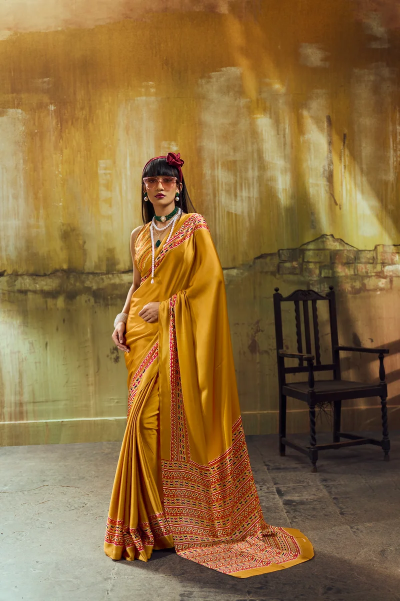 Modal Satin Ajrakh Print Saree + matching Modal Satin Ajrakh Print blouse by www.Laavsee.com