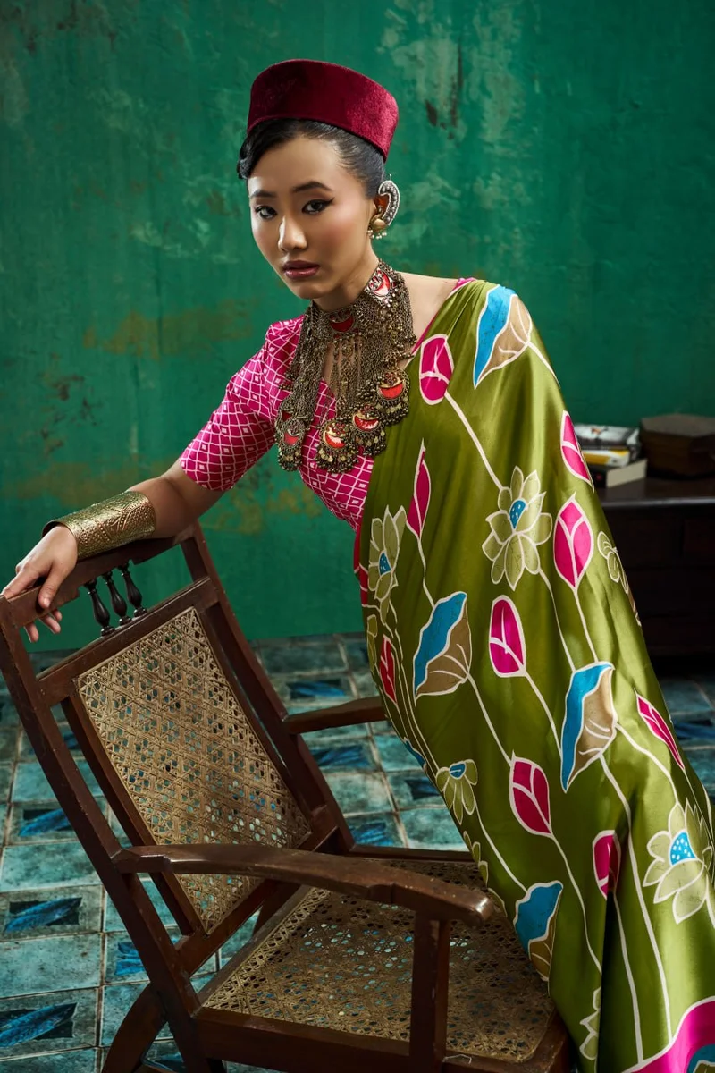 Modal Satin Ajrakh Print Saree + matching Moda blouse by www.Laavsee.com