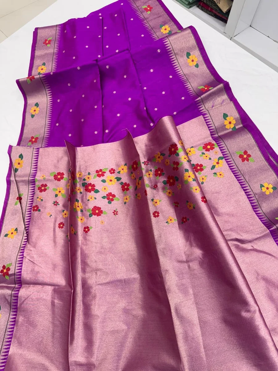 Phoolmala Paithani – Soft Khadi Raw Silk Saree with colorful rich Meena weaving Paithani pallu, traditional floral border, all-over small butties + full Zari wo
