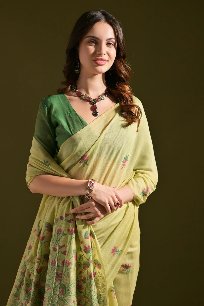 MUGA COTTON 217 – Premium soft Muga cotton saree with all-over floral weaving pattern (Pichwai-style), classic colourful Resham weaving pallu, fancy tassels + c