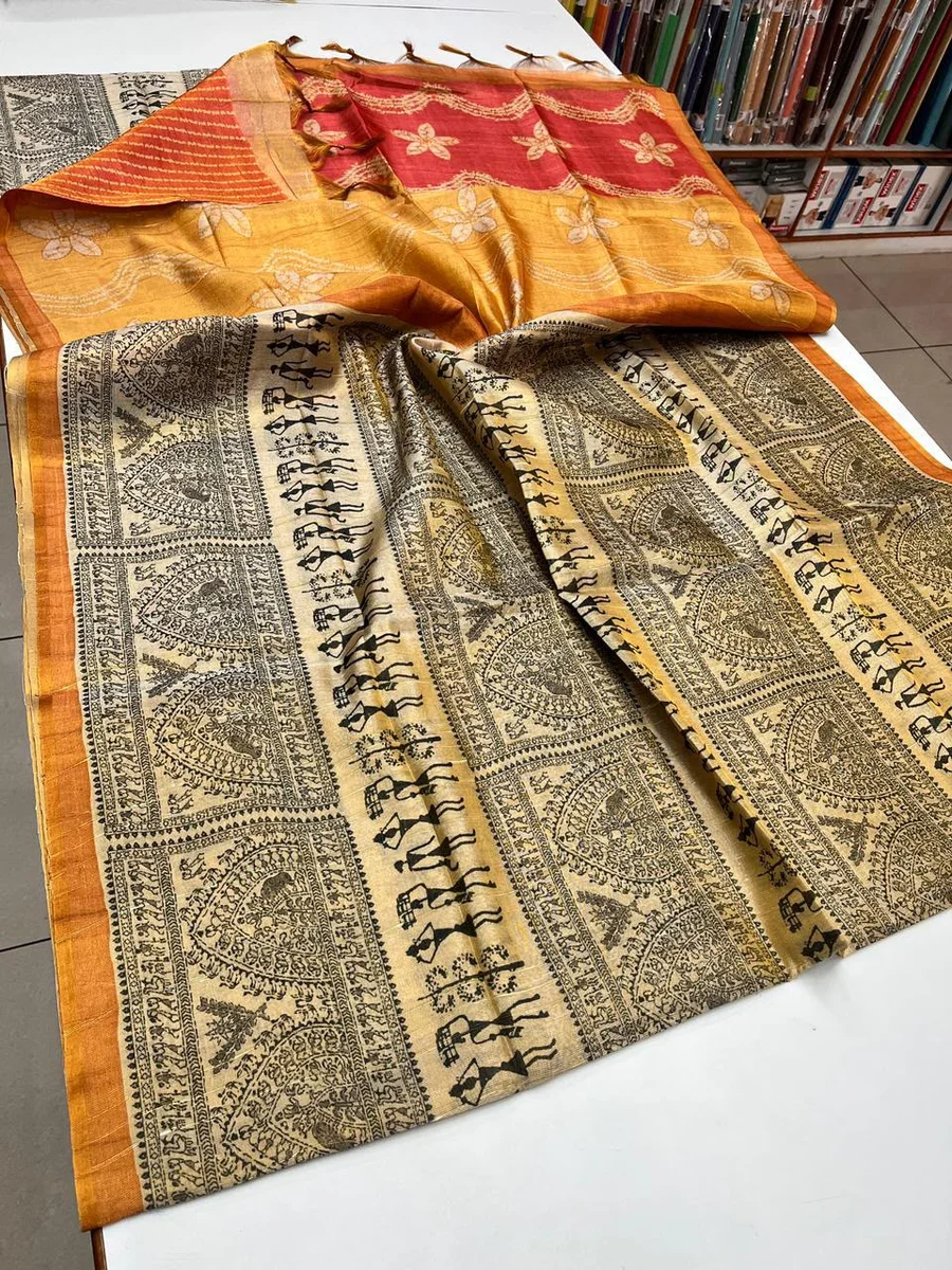 TISSUE TUSSAR 2 โ Premium soft Tissue Tussar silk Warli saree by www.Laavsee.com