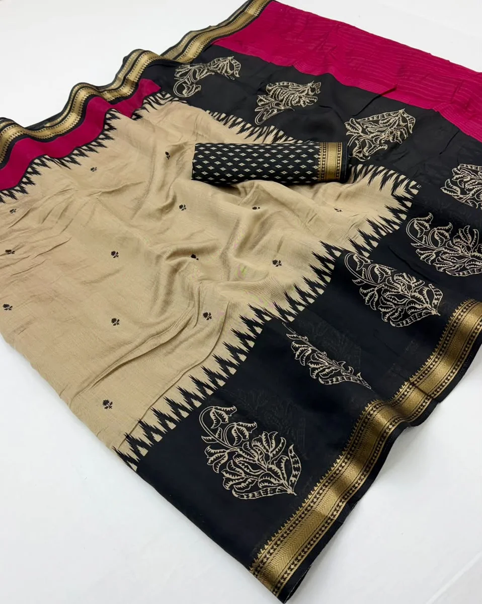 Soft Mul Cotton Saree with unique print, beautiful pallu & Zari border + matching blouse piece