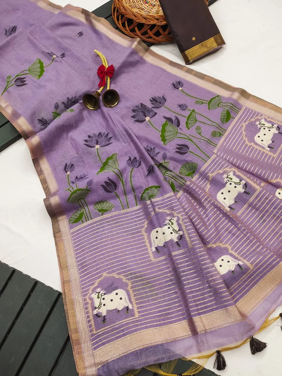 Premium soft Muga cotton saree with classic rich Zari & Cow Weaving Pichwai pallu, tiny Zari border, all-over lotus weaving, fancy tassels + contrast blouse pie