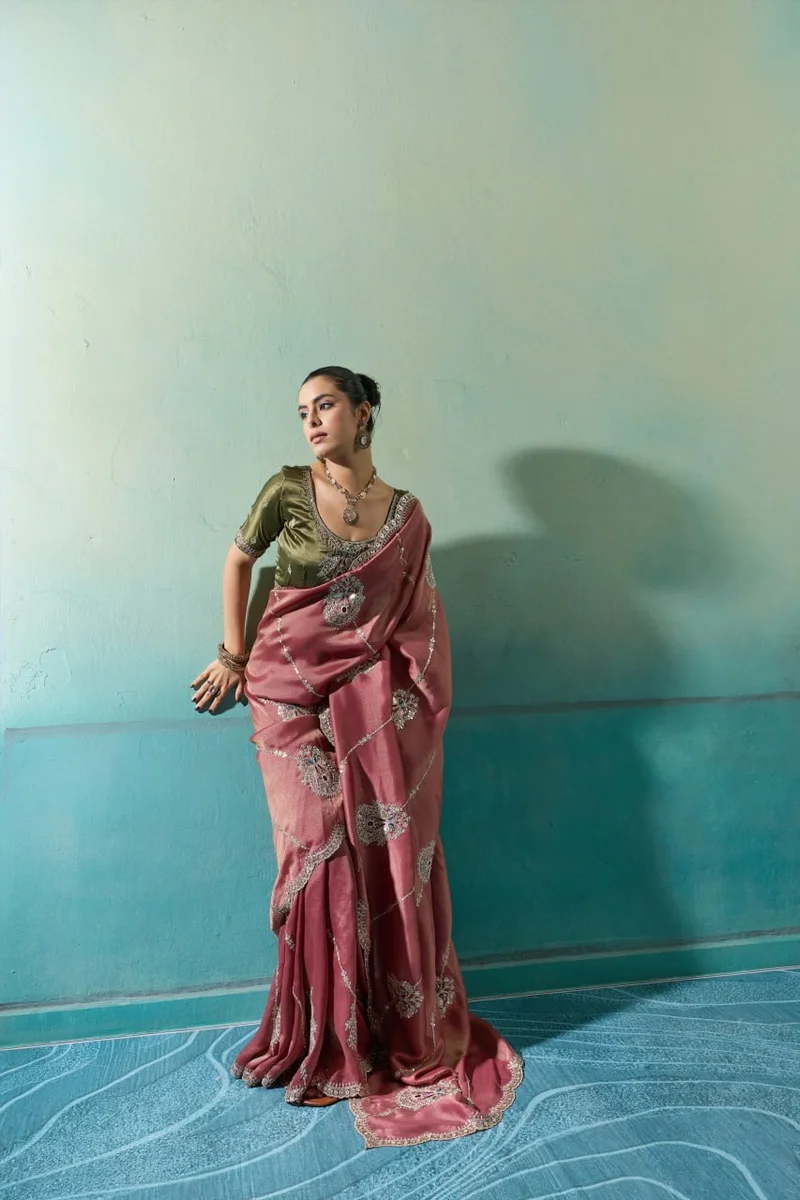 Giraffe Saree with rich texture, fluid drape, intricate Butta embroidery, handwork & stonework + Royal Makhmal Satin blouse in contrasting shades | Occasion: Pa