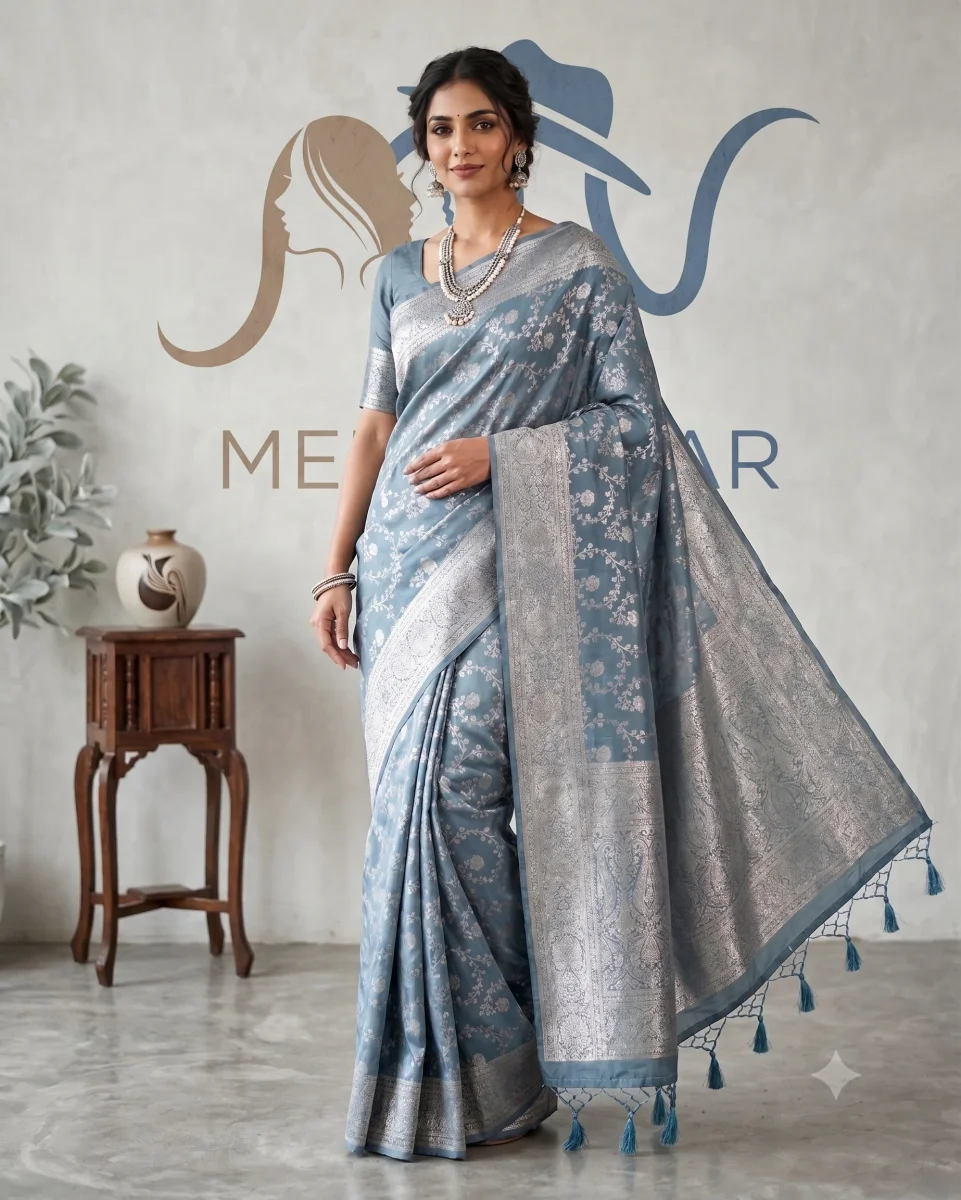 Slate Blue Silk Saree with Silver Zari Jaal Work