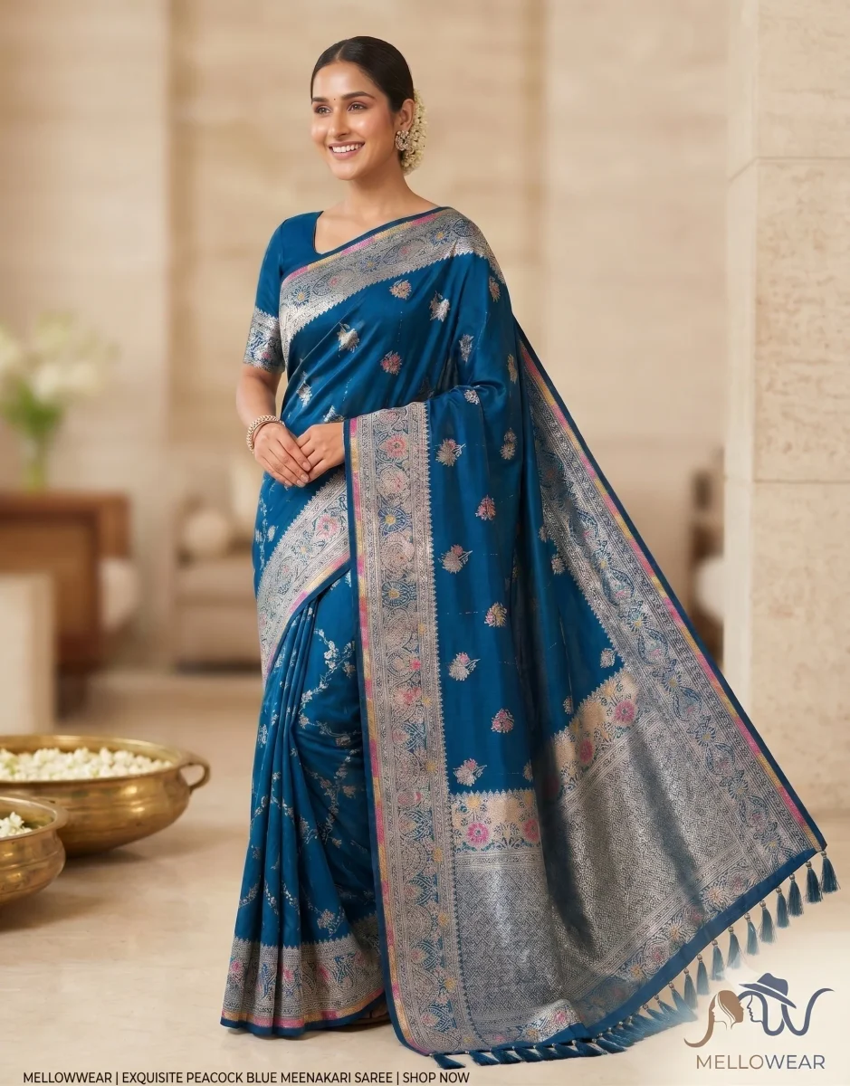 Peacock Blue Silk Saree with Meenakari Zari Weave