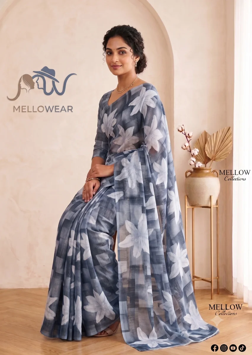 Raniyal Shimmer Fancy Saree – Steel Blue Floral Elegance