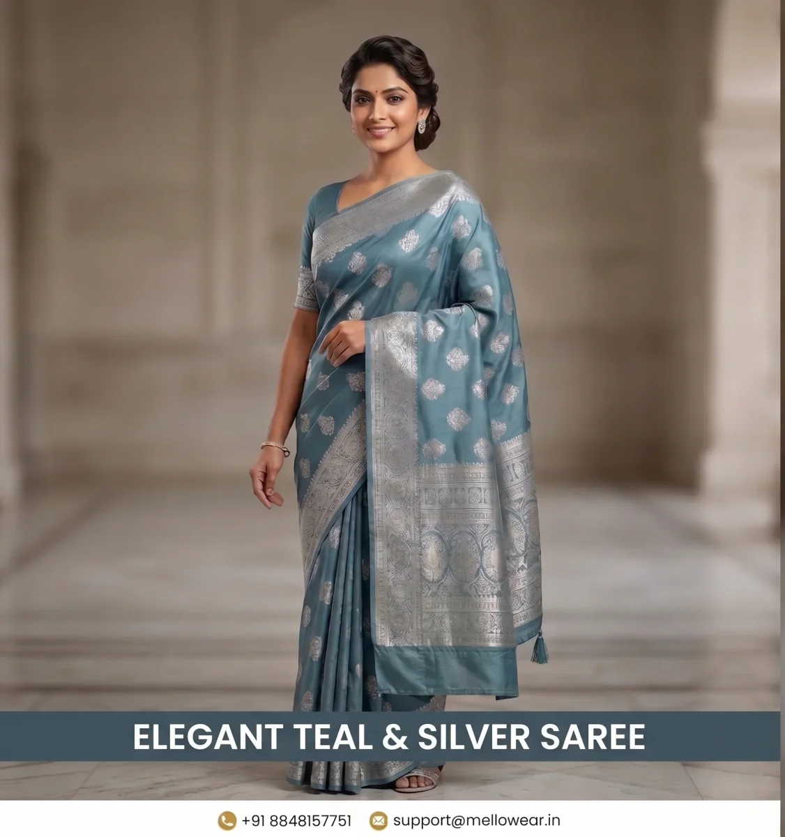 Exquisite Steel Teal Silk Saree with Grand Silver Zari Brocade