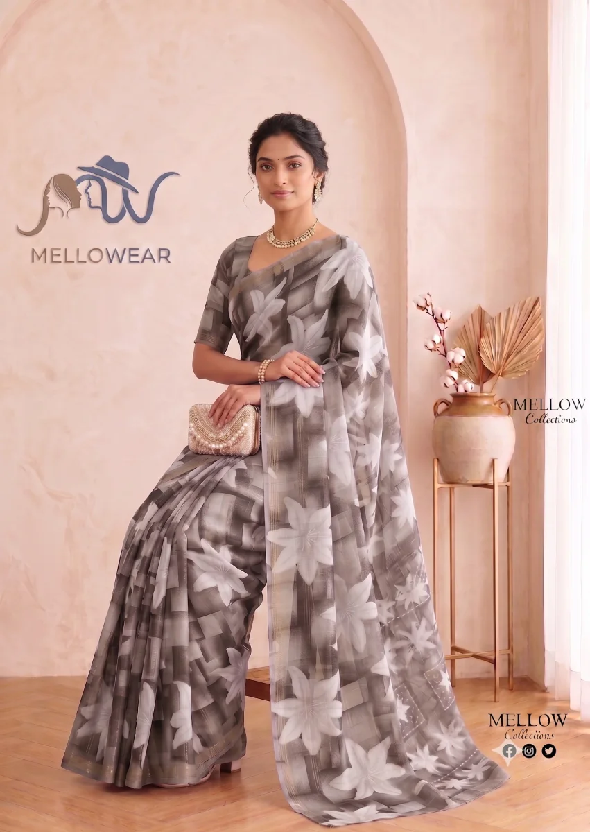 Raniyal Shimmer Fancy Saree – Sophisticated Slate Grey Floral Elegance