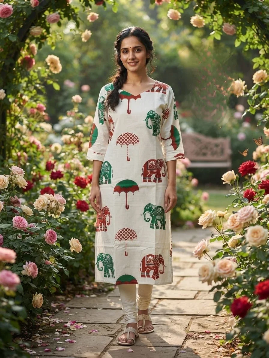Cotton Kurti Dark Green and Brown