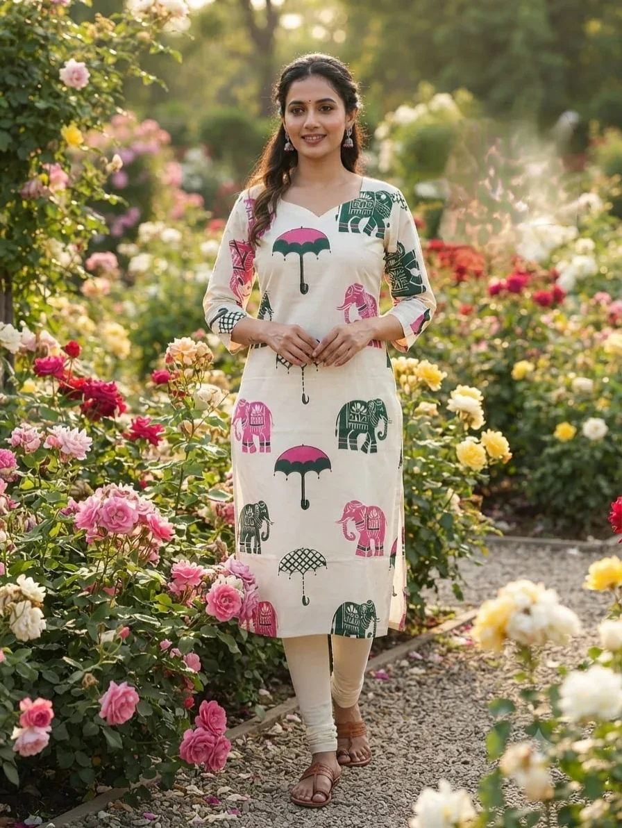 Cotton Kurti pink and dark green