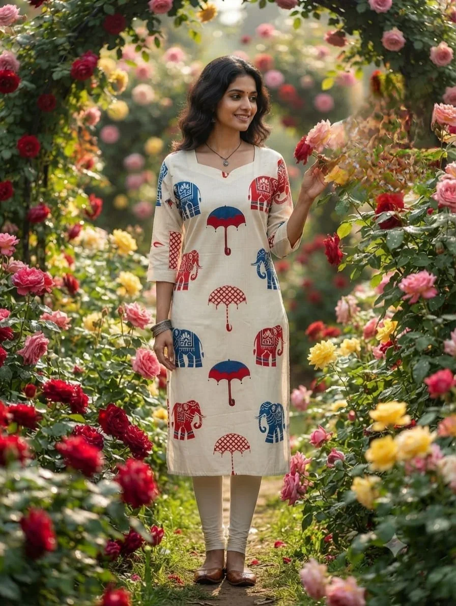 Cotton Kurti Pink - Blue and Red