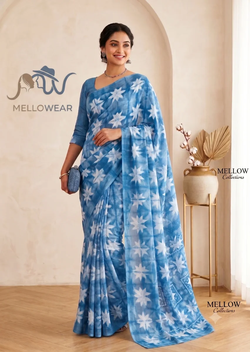 RANIYAL SIMMER FANCY SAREES - Elegant Blue Floral Saree with White Blooms