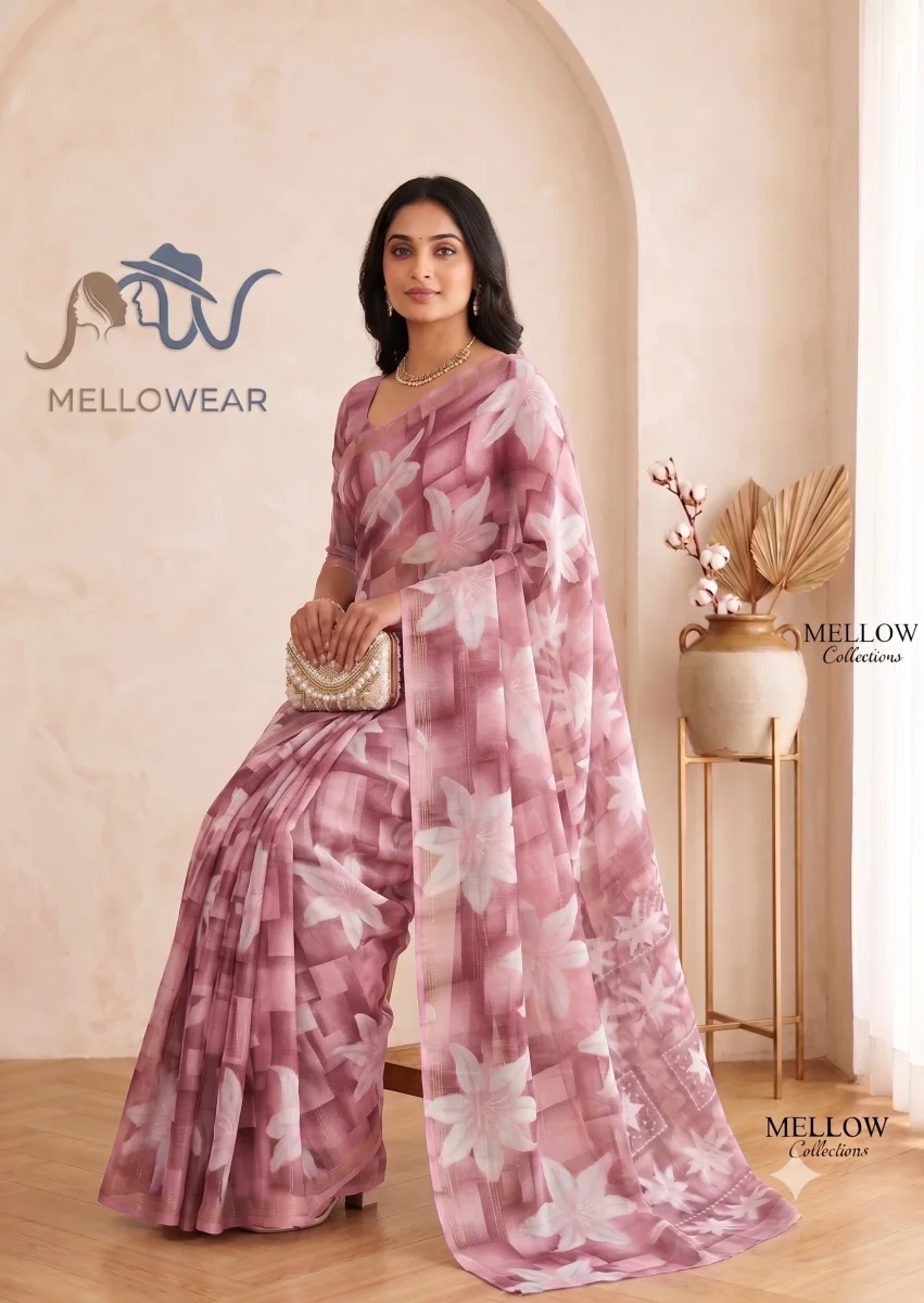 Raniyal Shimmer Fancy Saree – Dusky Pink Floral Elegance