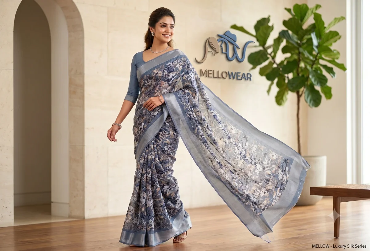 Elegant Slate Blue Botanical Satin Saree with Linen Border