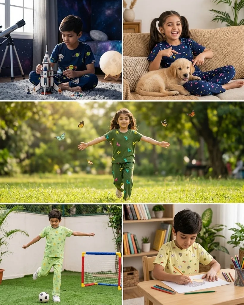 Fine Print Cool Cotton Set - 2-Piece Kids Co-ord Set | Soft Cotton T-Shirt & Pant | Daily Wear Night Suit (5Yr - 6Yr)