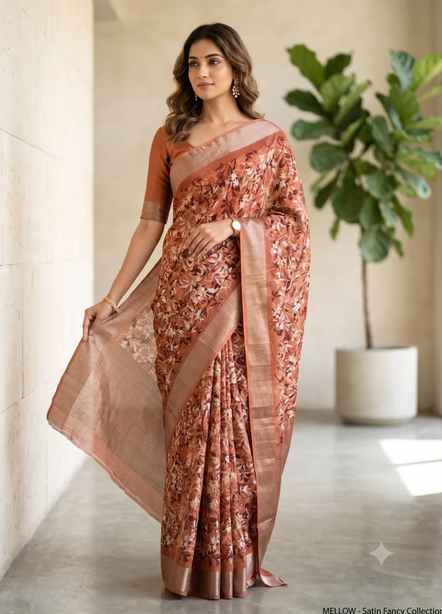 Terracotta Linen-Blend Floral Saree with Shimmering Satin Zari Borders