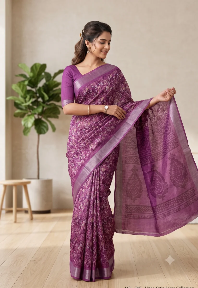 Purple Colour Satin Saree with Classic Linen Border