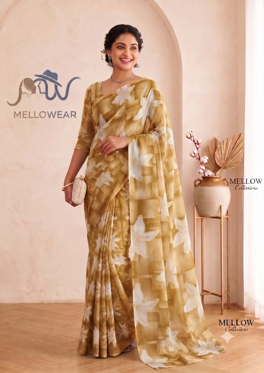 Raniyal Simmer Fancy Saree – Beige Golden Floral & Geometric Print Saree