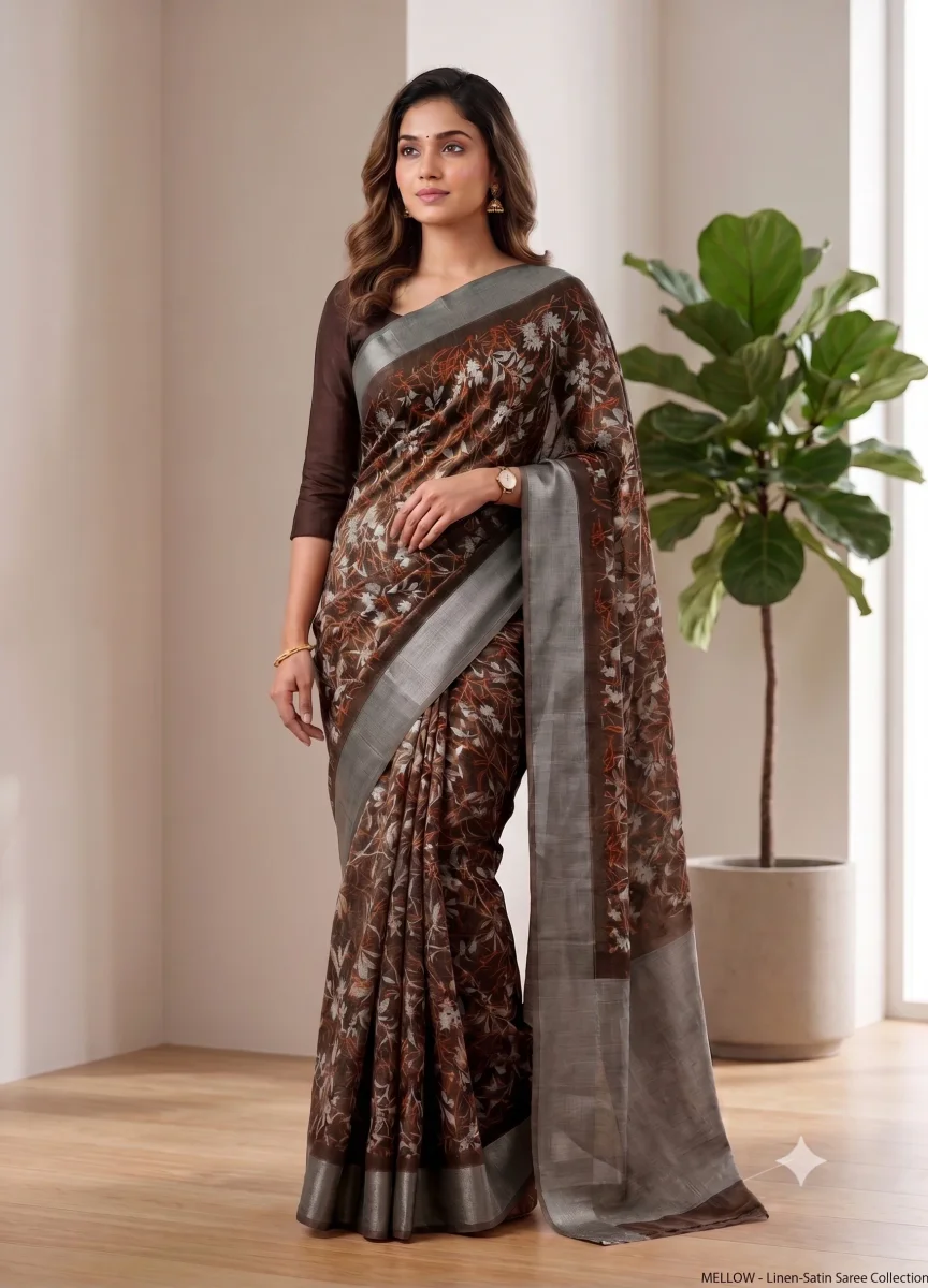 Earthy Terracotta Botanical Satin Saree with Linen Border