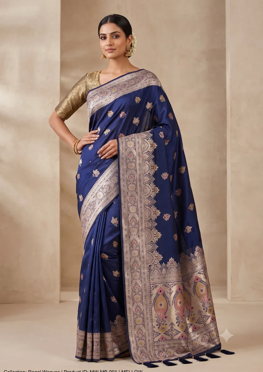 Midnight Blue Silk Saree with Multicolor Meenakari Zari