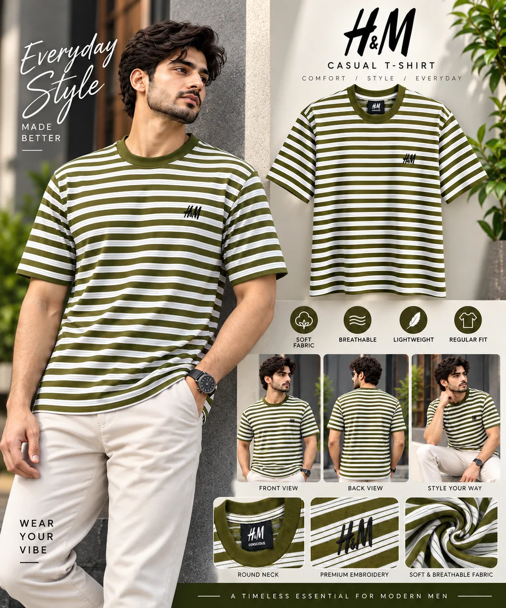T shirt - Men Olive Green & White Striped Round Neck Regular Fit T-Shirt