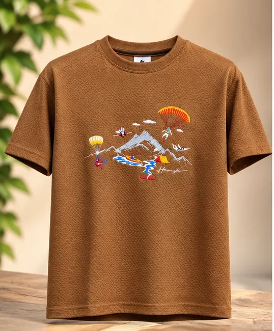 T SHIRT FOR MEN - Men’s Brown Textured Embroidered Round Neck Regular Fit T-Shirt