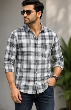 SHIRT - MEN'S CASUAL SHIRT GREY CHECK FULL SLEEVE