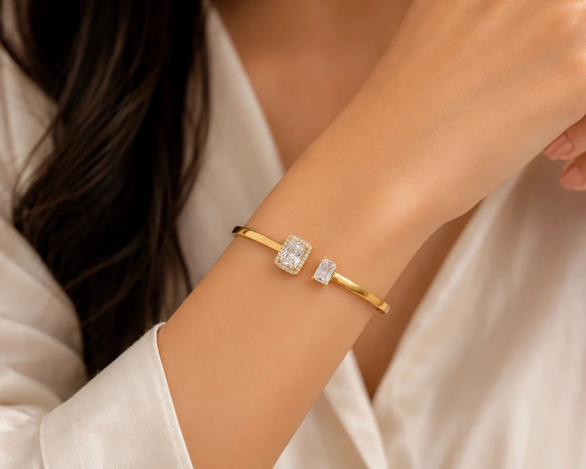 Gold Open Bangle Bracelet with American Diamond Stones
