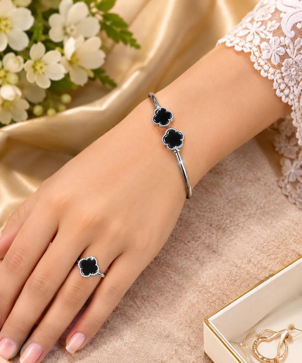 Elegant Black Clover Silver Bracelet & Ring Set for Women | Aliza Collections